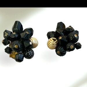 Clip On Earrings Silver Gold Tone Black Bead Cluster Signed